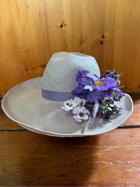 Handcrafted Wide Brim Floral Accent Straw Hat - Lavender Flowers